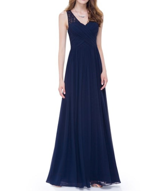 Navy Blue V Neck Sleeveless Lace Illusion Neckline Long Chiffon Evening Dress