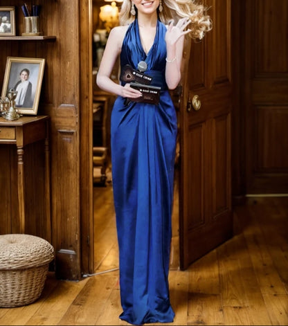 Greece Goddess Haltered Low Back Deep V Sheath Silky Satin Prom Dress