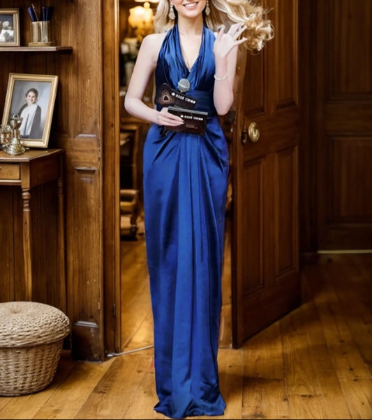 Greece Goddess Haltered Low Back Deep V Sheath Silky Satin Prom Dress