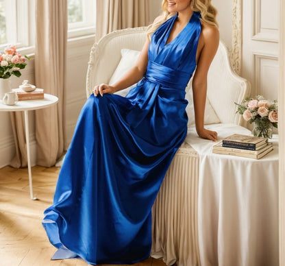 Greece Goddess Haltered Low Back Deep V Sheath Silky Satin Prom Dress