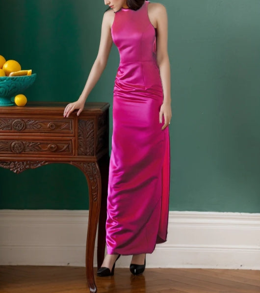 Haltered Bow Design Back Sheath Silky Satin Prom Dress With Bow-tie Multiple Colors