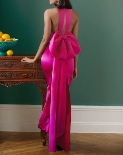 Haltered Bow Design Back Sheath Silky Satin Prom Dress With Bow-tie Multiple Colors
