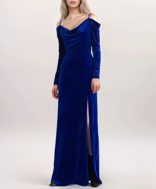 Off-the-Shoulder Long Sleeves Sheath Velvet Prom Dress with Side Slit