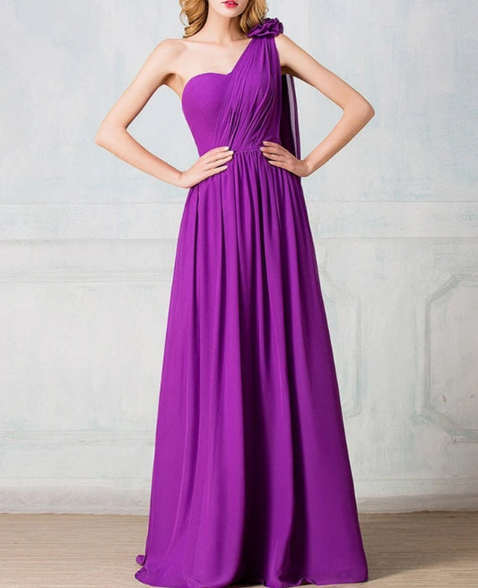 One-shoulder Full-length Chiffon Long Prom Dress