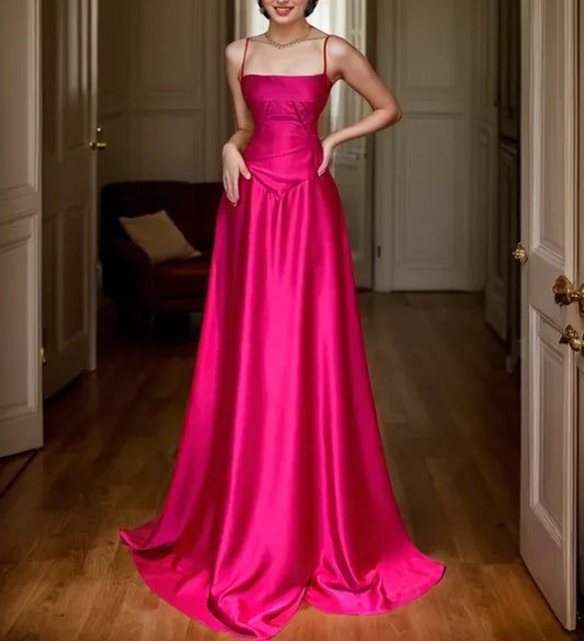 Vintage Spaghetti-straps Princess Style Satin Long Prom Dress