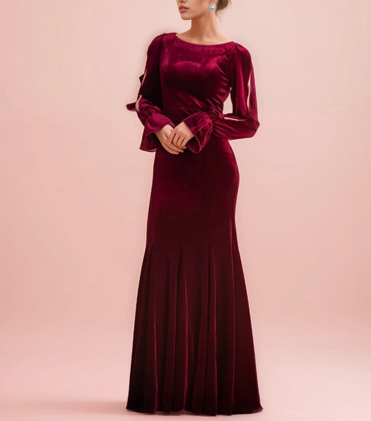 Sheath Velvet Prom Dress with Ruffled Open Long Sleeves and Hollow Back