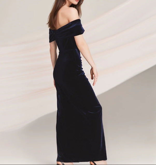 Off-the-shoulder Ruched Sheath Velvet Prom Dress With Thigh Slit