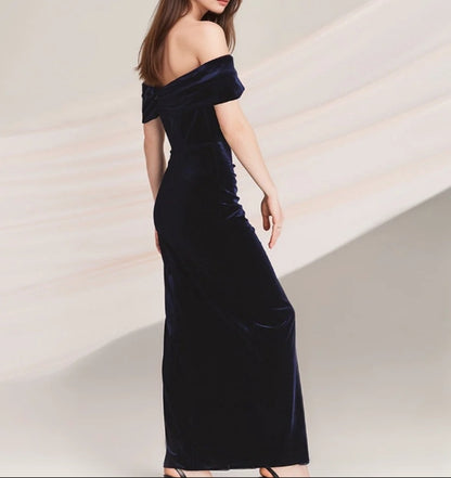 Off-the-shoulder Ruched Sheath Velvet Prom Dress With Thigh Slit