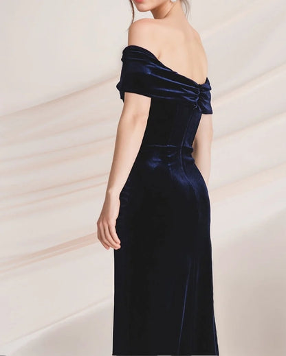 Off-the-shoulder Ruched Sheath Velvet Prom Dress With Thigh Slit