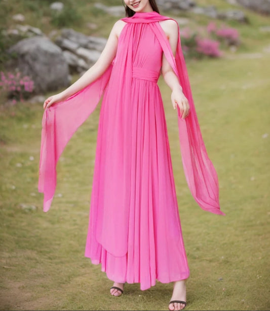 Elegant Halter Neck Flowy Ribbon A-line Chiffon Prom Dress