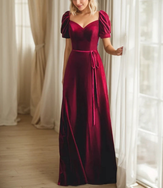 Puffed Short Sleeves Velvet Long Prom Dress With Sweetheart Neckline