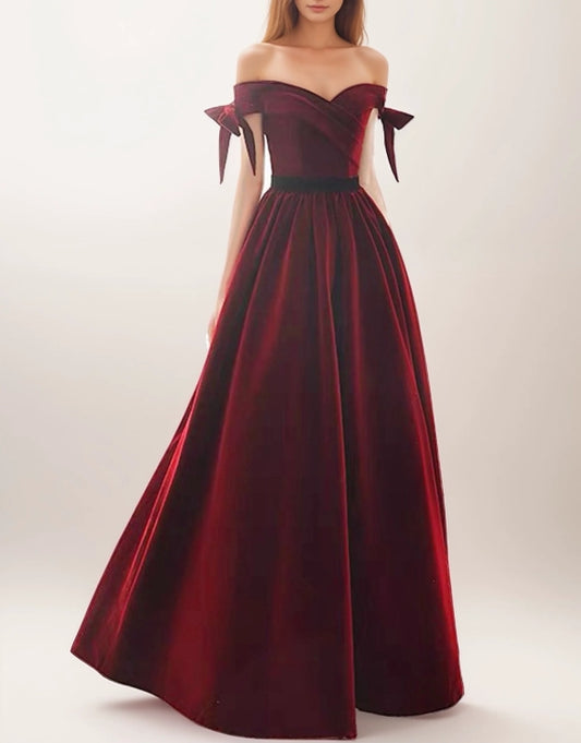 Handmade Off-the-shoulder Ball Gown Velvet Dress With Bows