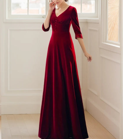 Elegant Long V-Neck A-Line Velvet Dress with Heart Shape Bow-Tied Back