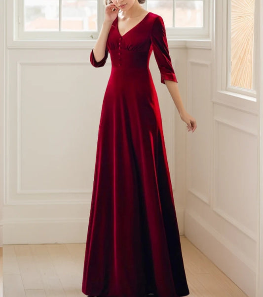Elegant Long V-Neck A-Line Velvet Dress with Heart Shape Bow-Tied Back