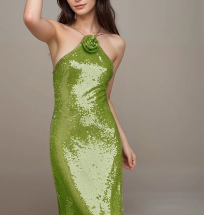 Chic Spaghetti Strap Tie Back Sequin Cocktail Prom Dress