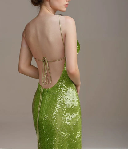 Chic Spaghetti Strap Tie Back Sequin Cocktail Prom Dress