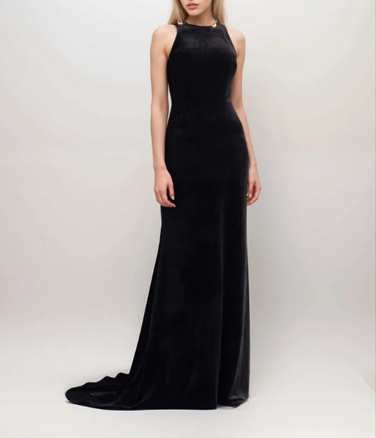 Elegant Goddess Style Halter Fit and Flare Velvet Dress with Long Ribbon