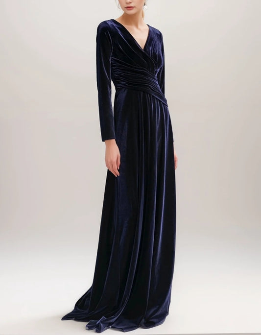 Sexy V-Neck Velvet Dress with Long Sleeves and Ruched Waist Desi