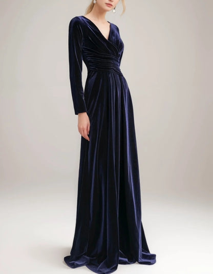 Sexy V-Neck Velvet Dress with Long Sleeves and Ruched Waist Desi