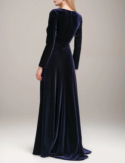 Sexy V-Neck Velvet Dress with Long Sleeves and Ruched Waist Desi