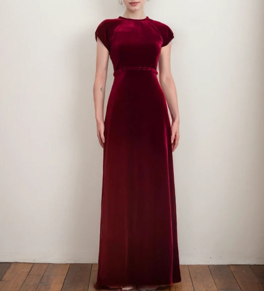 Elegant Burgundy Velvet Cap Sleeve Floor-Length Evening Dress