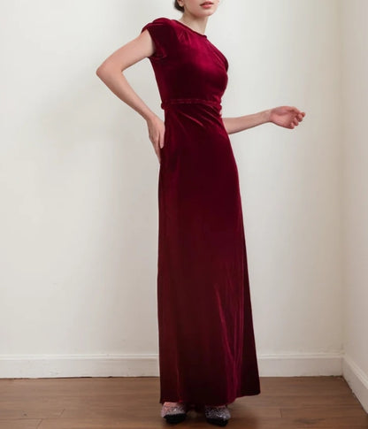 Elegant Burgundy Velvet Cap Sleeve Floor-Length Evening Dress