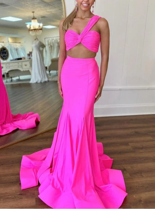 Two Piece Hot Pink One-Shoulder Mermaid Long Prom Dress
