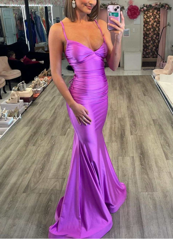 Purple Lace-Up Back Trumpet Long Formal Prom Dress