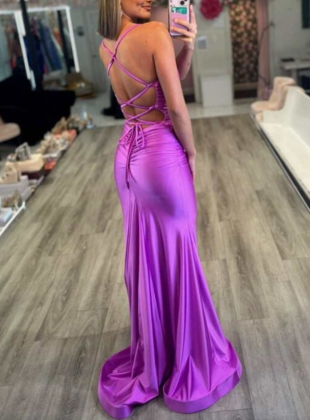 Purple Lace-Up Back Trumpet Long Formal Prom Dress
