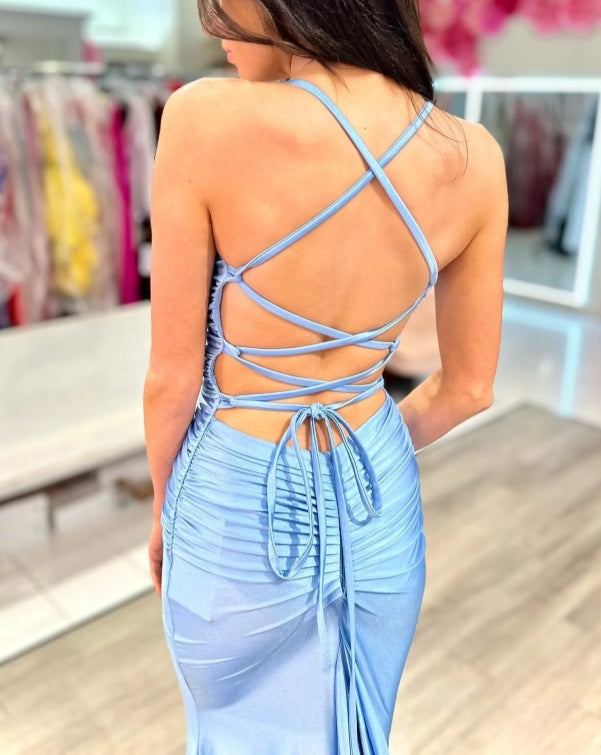 Purple Lace-Up Back Trumpet Long Formal Prom Dress