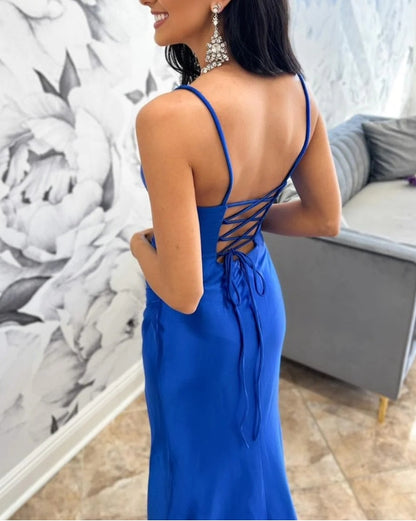 Royal Blue Square Neck Lace-Up Ruching Long Prom Dress