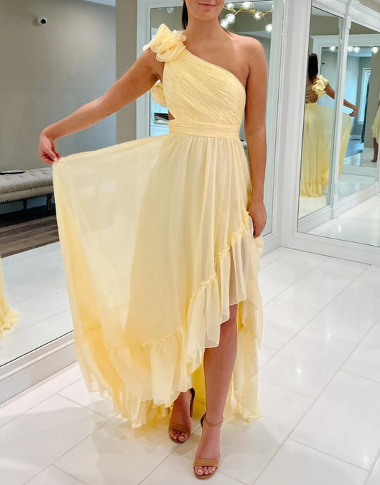 Light Yellow A-line One Shoulder Lace-Up Pleated Ruffle Hi-Low Prom Dress