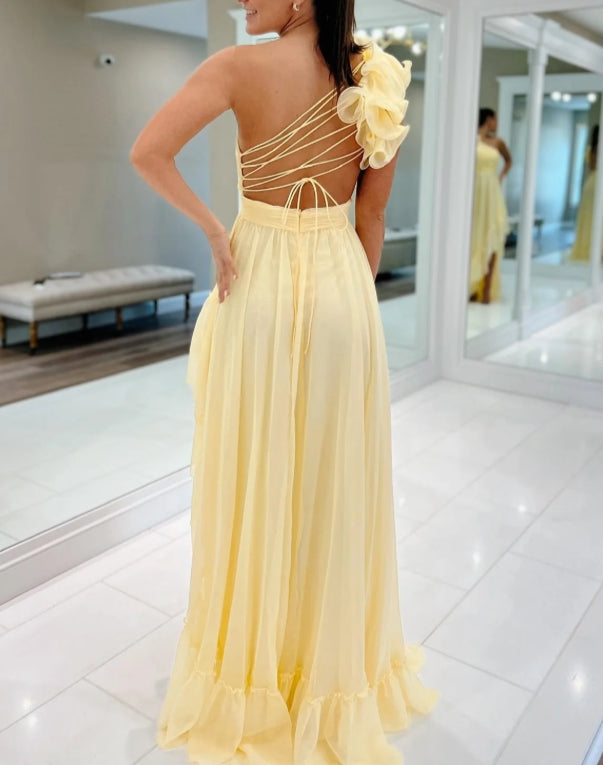 Light Yellow A-line One Shoulder Lace-Up Pleated Ruffle Hi-Low Prom Dress