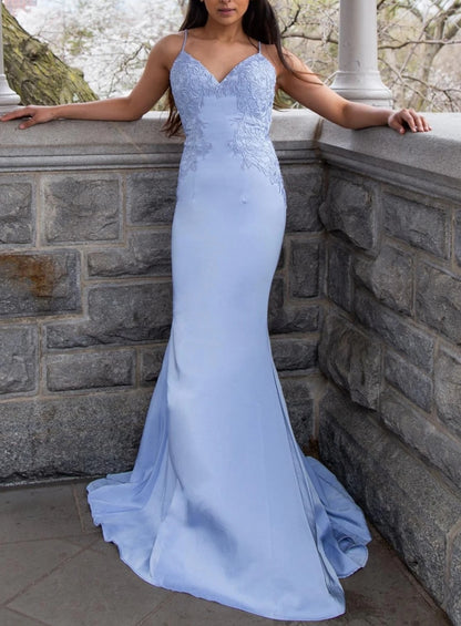 Periwinkle Applique V-Neck Lace-Up Trumpet Long Prom Dress