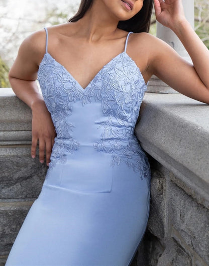 Periwinkle Applique V-Neck Lace-Up Trumpet Long Prom Dress