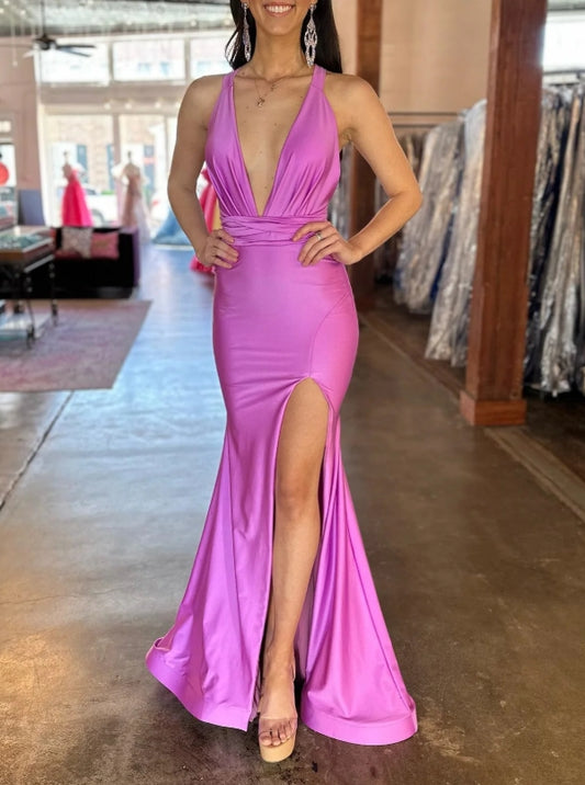 Hot Pink Mermaid Deep V Neck Crossed Back Long Prom Dress with Slit