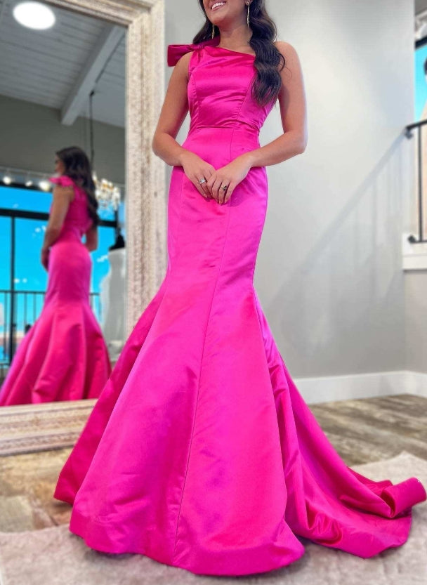 Hot Pink Bow One-Shoulder Trumpet Long Formal Prom Dress