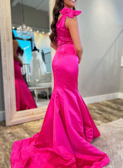 Hot Pink Bow One-Shoulder Trumpet Long Formal Prom Dress