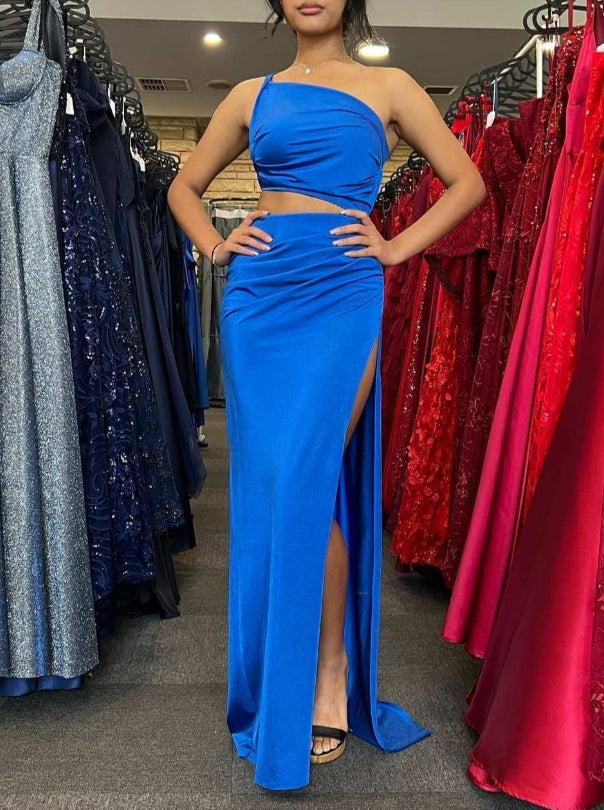 Royal Blue One-Shoulder Cutout Long Formal Dress with Slit