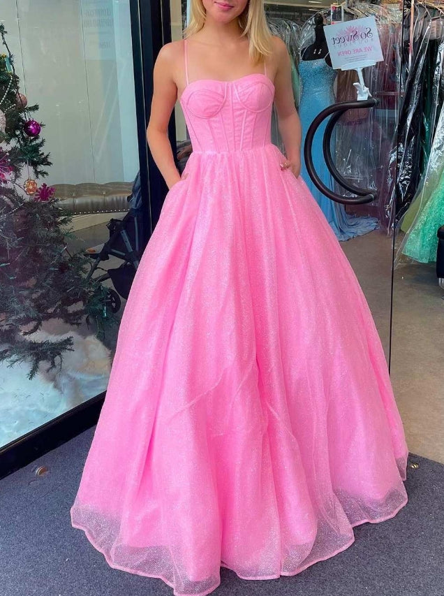 Princess Pink Straps A-Line Long Prom Dress