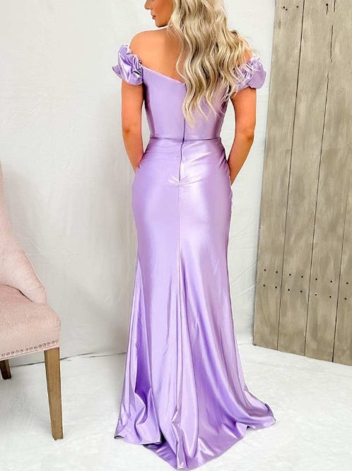 Lilac Off-Shoulder Mermaid Satin Pleated Long Prom Dress with Slit