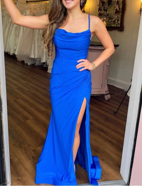 Royal Blue Cowl Neck Cutout Back Ruching Long Prom Dress with Slit