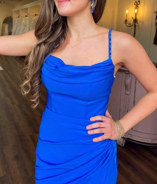 Royal Blue Cowl Neck Cutout Back Ruching Long Prom Dress with Slit
