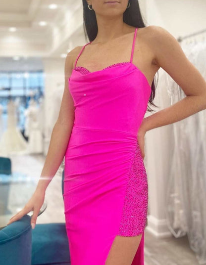 Fuchsia Beaded Cowl Neck Lace-Up Long Formal Dress with Slit