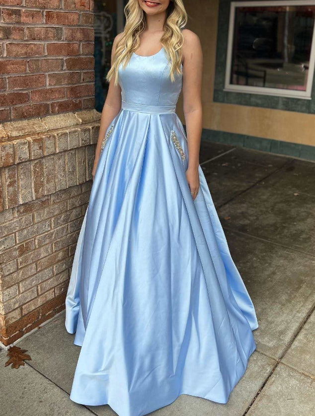 Light Blue Round Neck A-Line Prom Dress with Pockets
