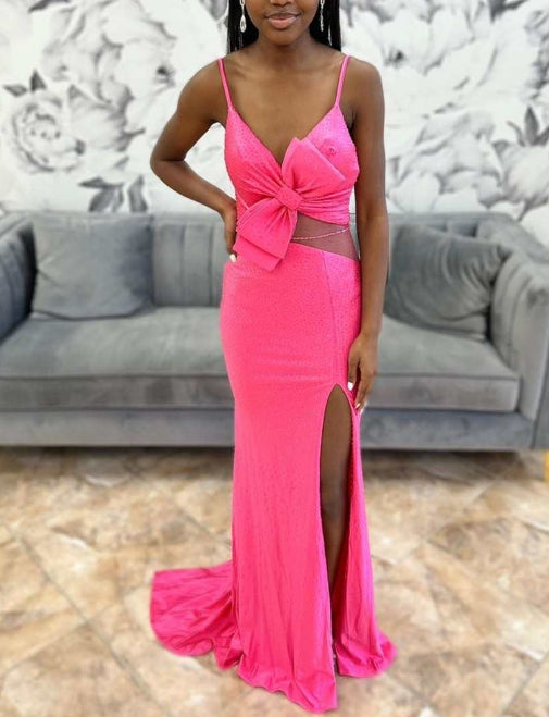 Hot Pink Beaded Bow-Front Cutout Mermaid Long Prom Dress with Slit