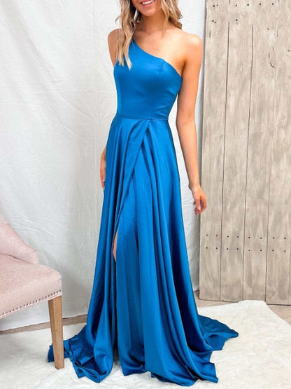Blue One-Shoulder A-Line Long Prom Dress with Slit