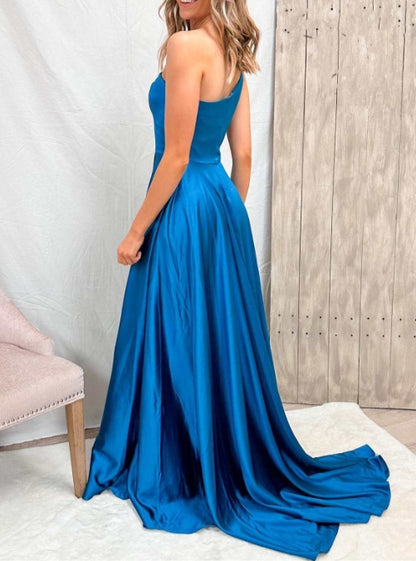 Blue One-Shoulder A-Line Long Prom Dress with Slit