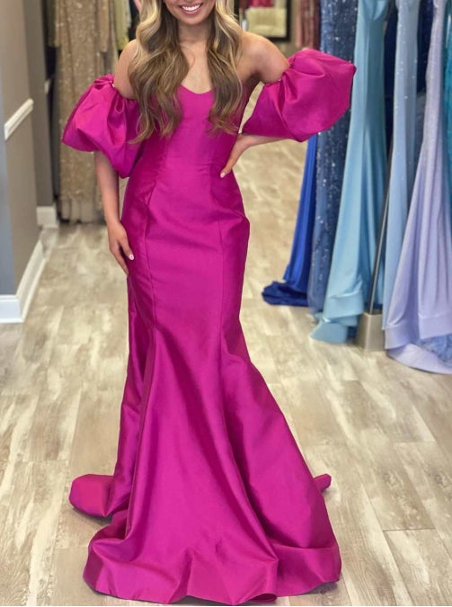 Magenta Strapless Puff Sleeve Trumpet Long Prom Dress