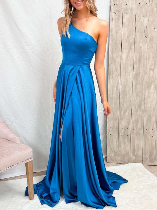 Blue One-Shoulder A-Line Long Prom Dress with Slit